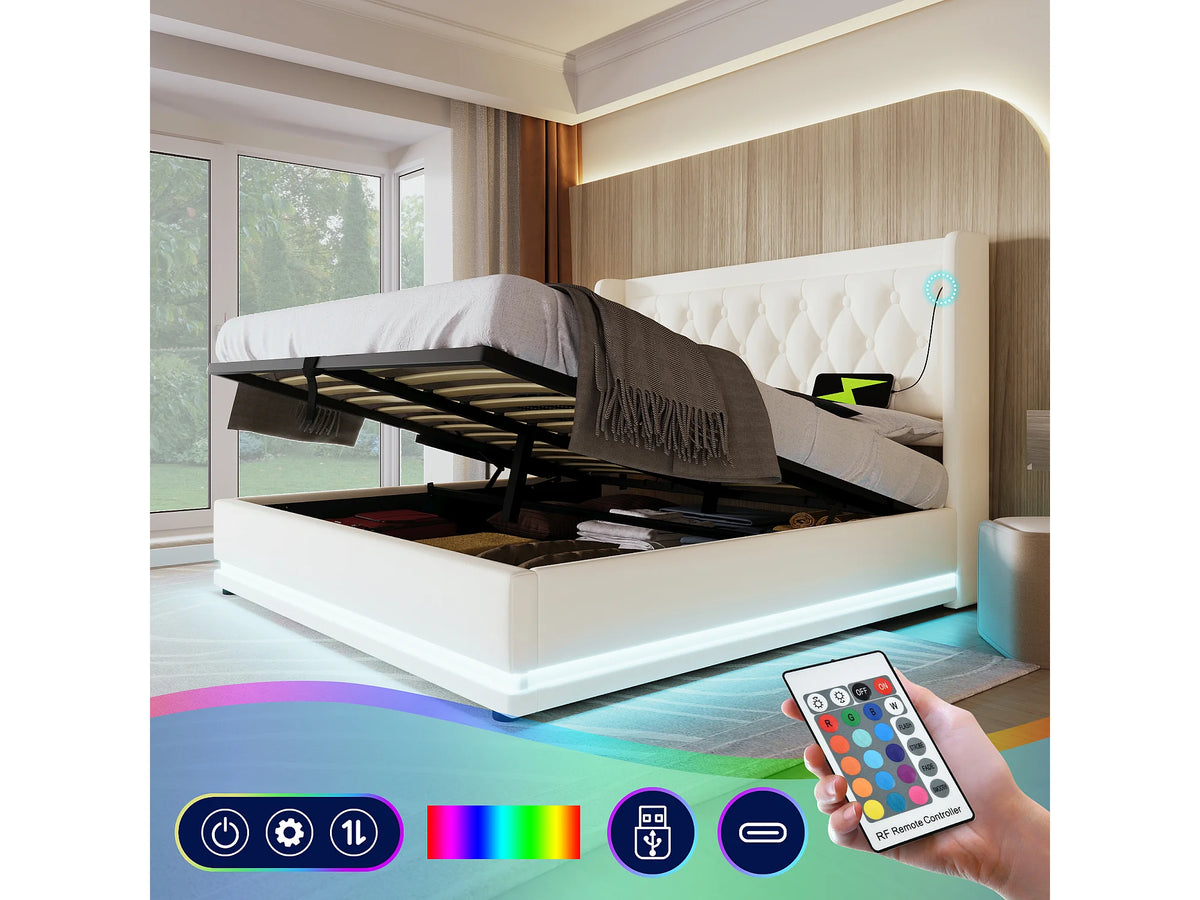 Lit Coffre 140x200 Simili Cuir Blanc avec LED et Port USB