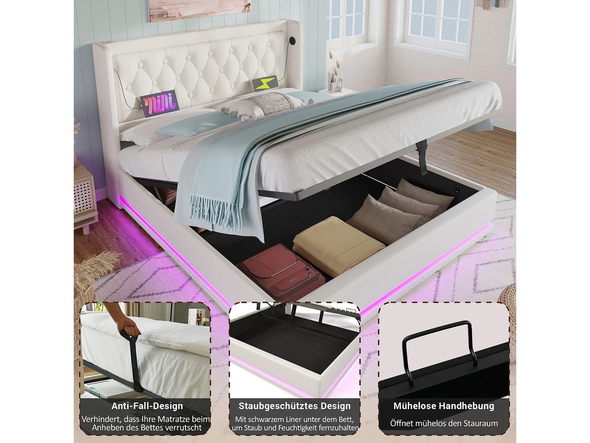 Lit Coffre 140x200 Simili Cuir Blanc avec LED et Port USB — vue 2