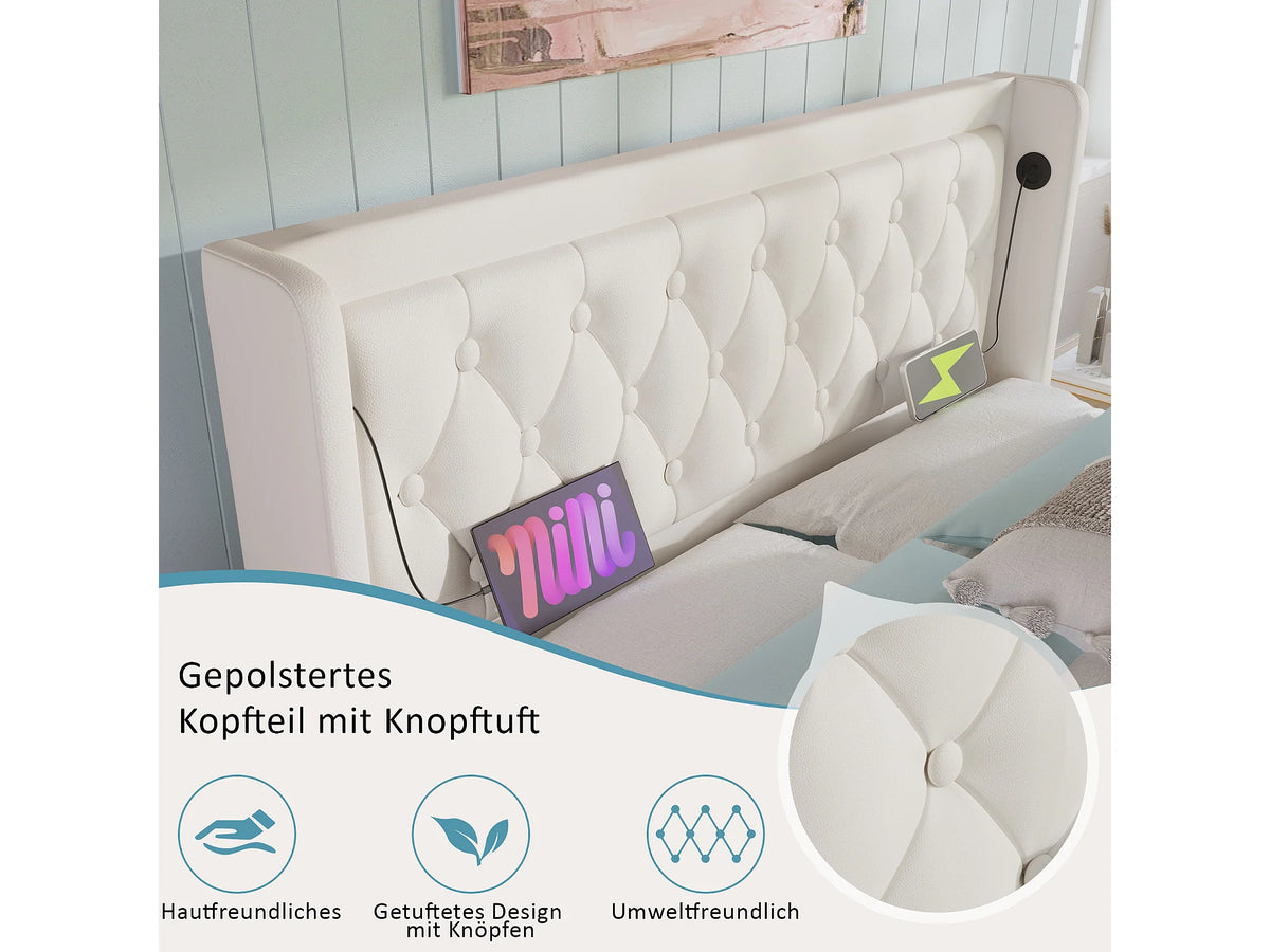 Lit Coffre 140x200 Simili Cuir Blanc avec LED et Port USB — vue 9