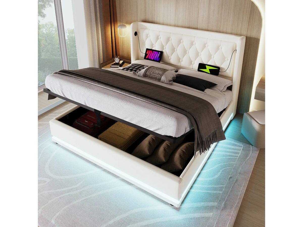 Lit Coffre 140x200 Simili Cuir Blanc avec LED et Port USB — vue 5