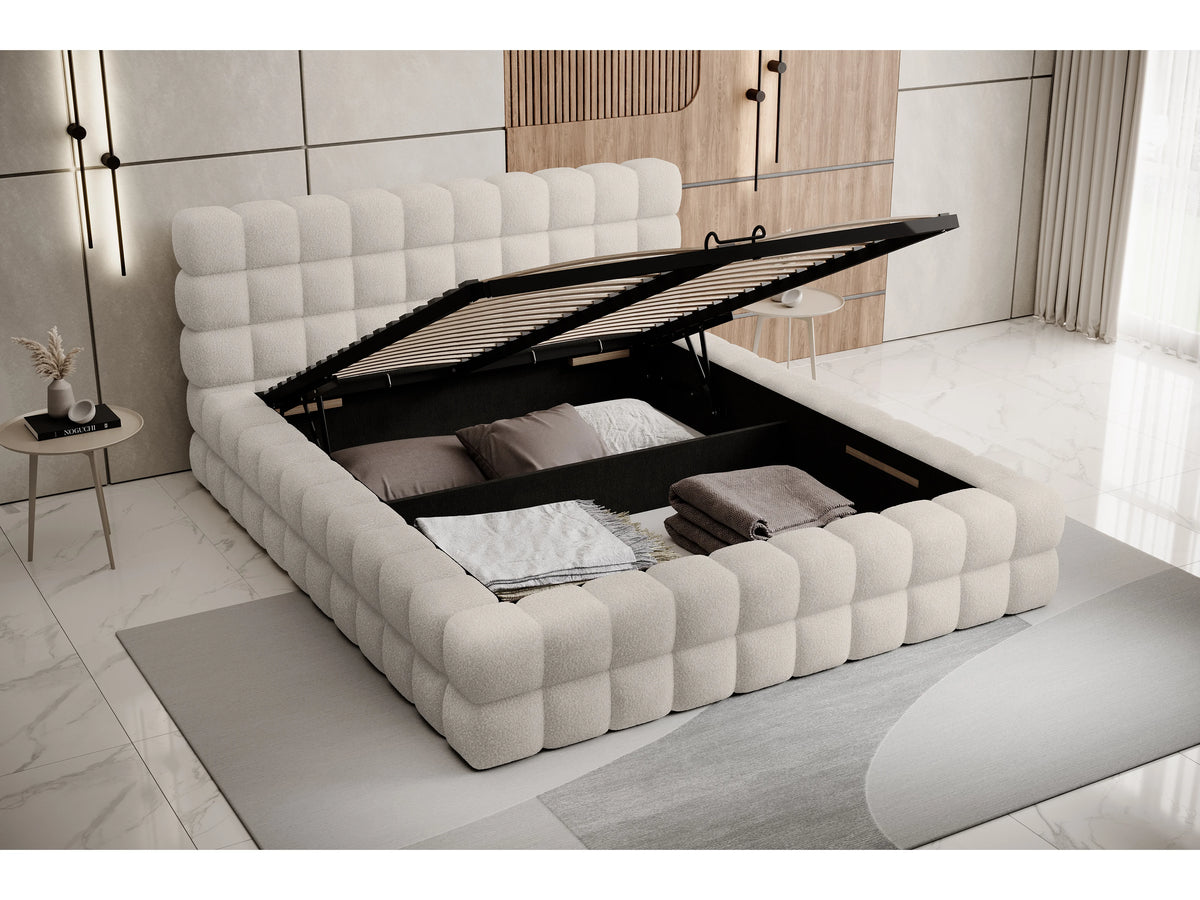 Lit Coffre 160x200 Tissu Bouclette Crème Capitonné avec Matelas