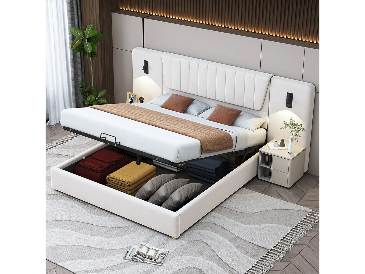 Lit Coffre 180x200 Velours Beige avec Port USB