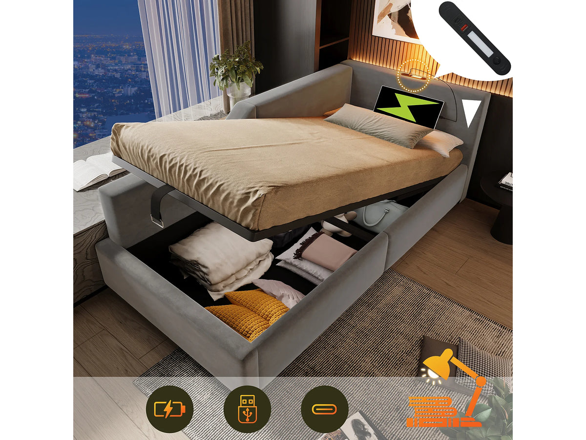 Lit Coffre 90x190 Velours Gris avec LED et Port USB — vue 2