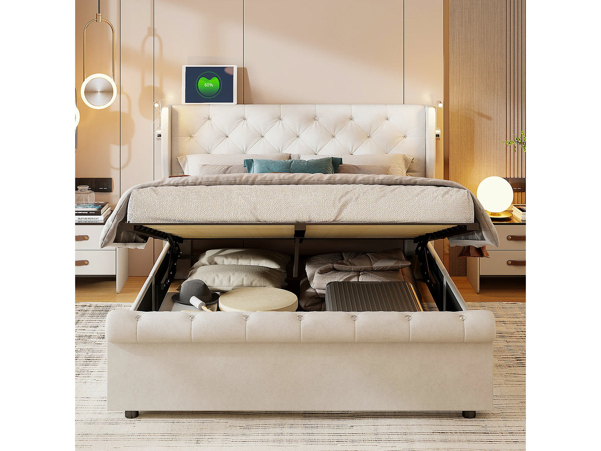 Lit Coffre 140x190 Velours Beige avec Port USB — vue 9