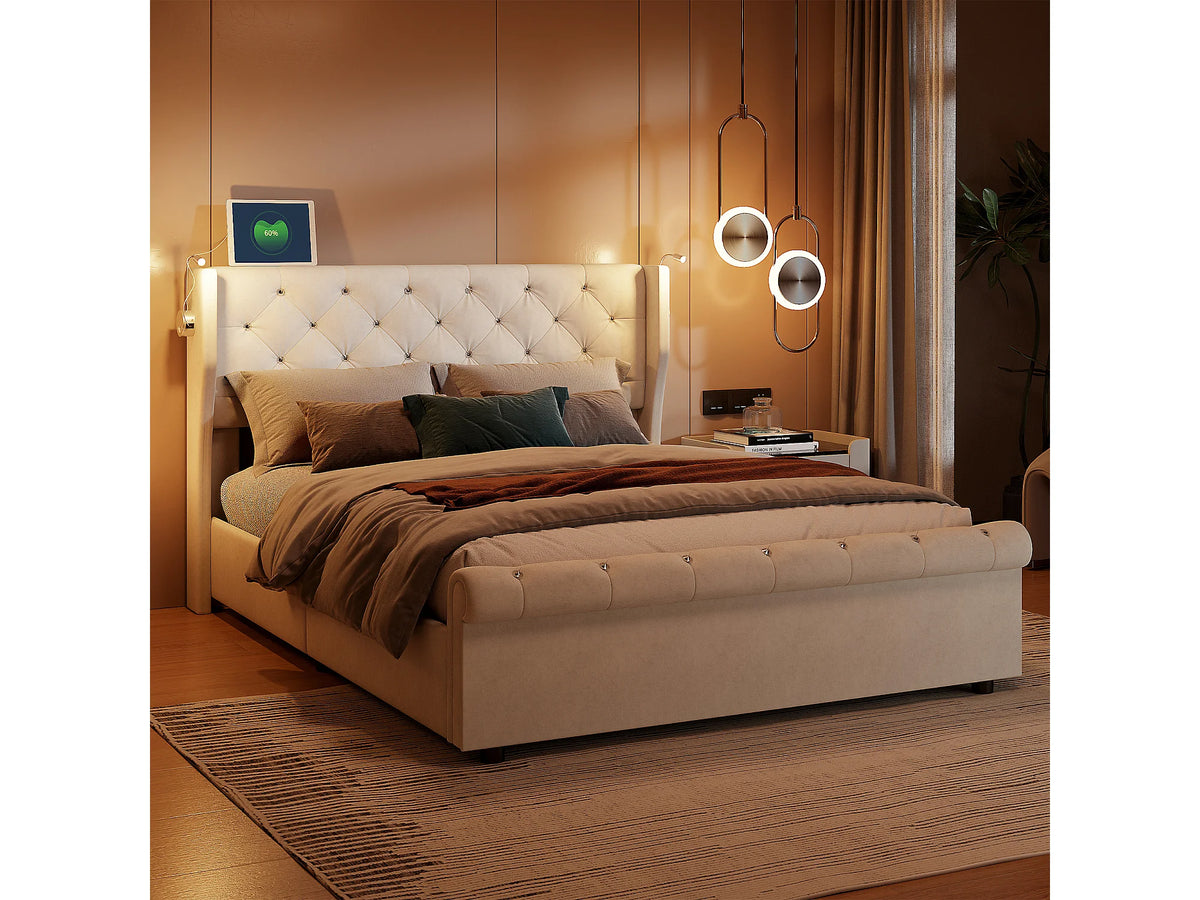 Lit Coffre 140x190 Velours Beige avec Port USB — vue 2
