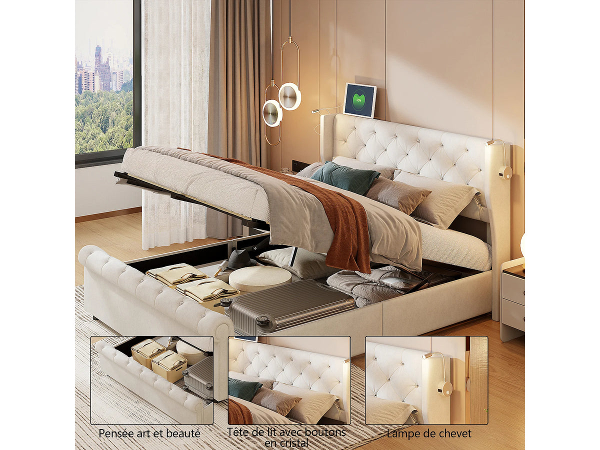 Lit Coffre 140x190 Velours Beige avec Port USB — vue 3