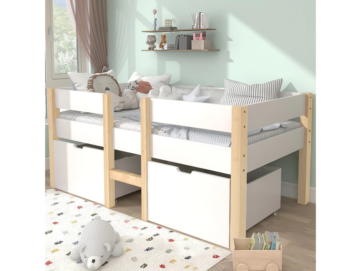 Lit Coffre 90x190 Bois Blanc avec Tiroirs