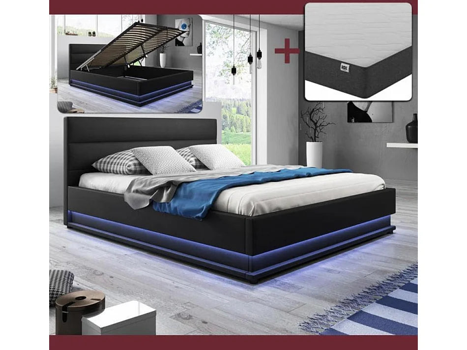 Lit Coffre 150x190 Bois Noir avec LED