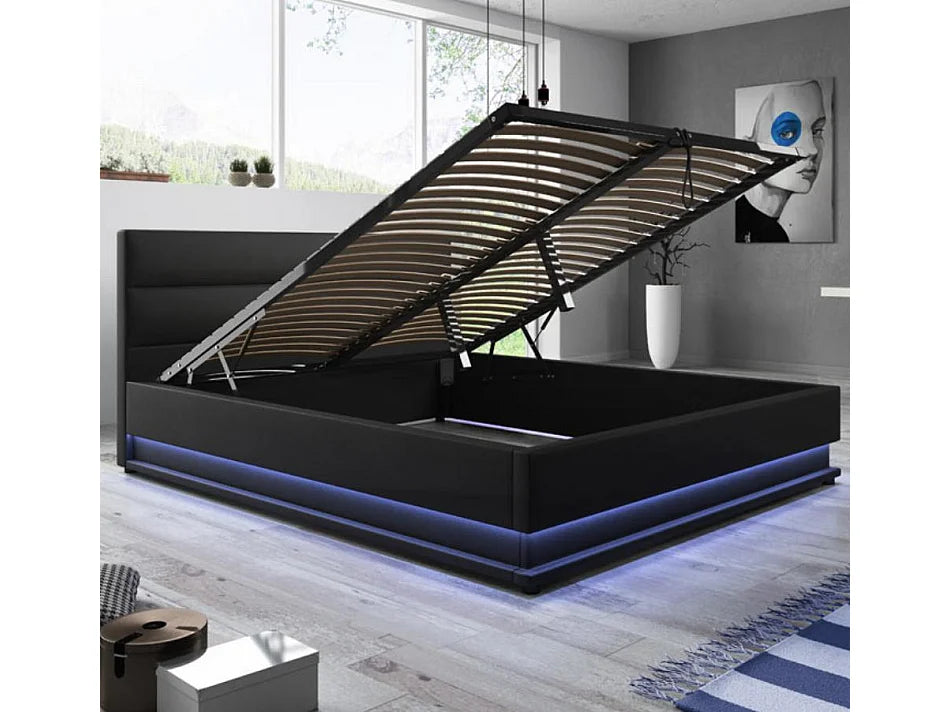 Lit Coffre 150x190 Bois Noir avec LED — vue 2