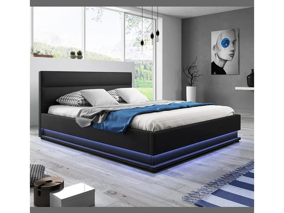 Lit Coffre 150x190 Bois Noir avec LED — vue 3