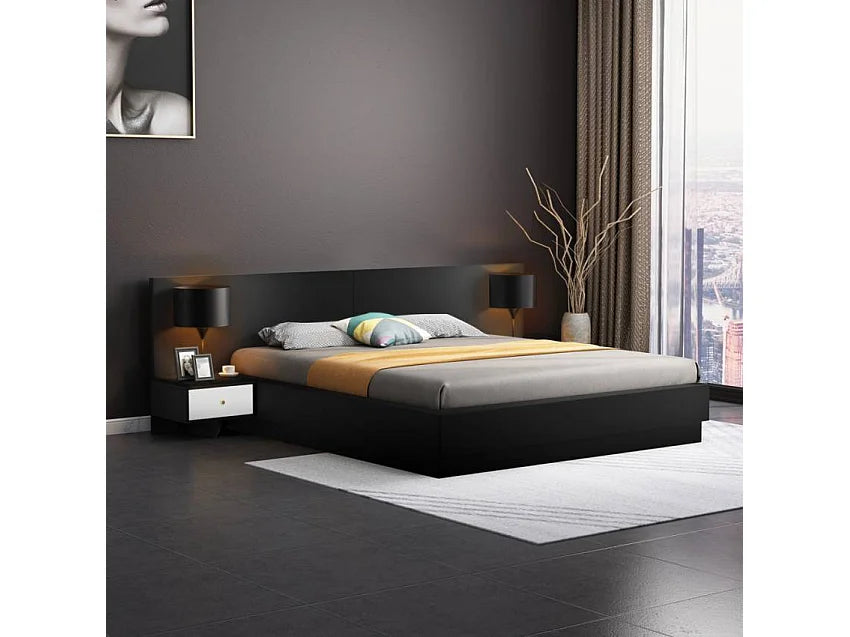 Lit Coffre 160x190 Simili Cuir Noir avec Chevets et Matelas