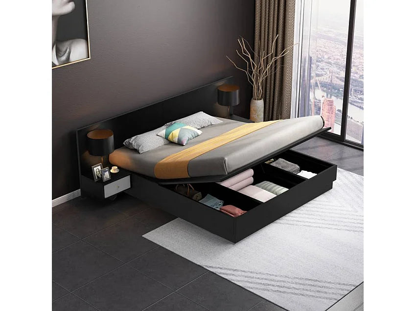 Lit Coffre 160x190 Simili Cuir Noir avec Chevets et Matelas — vue 5