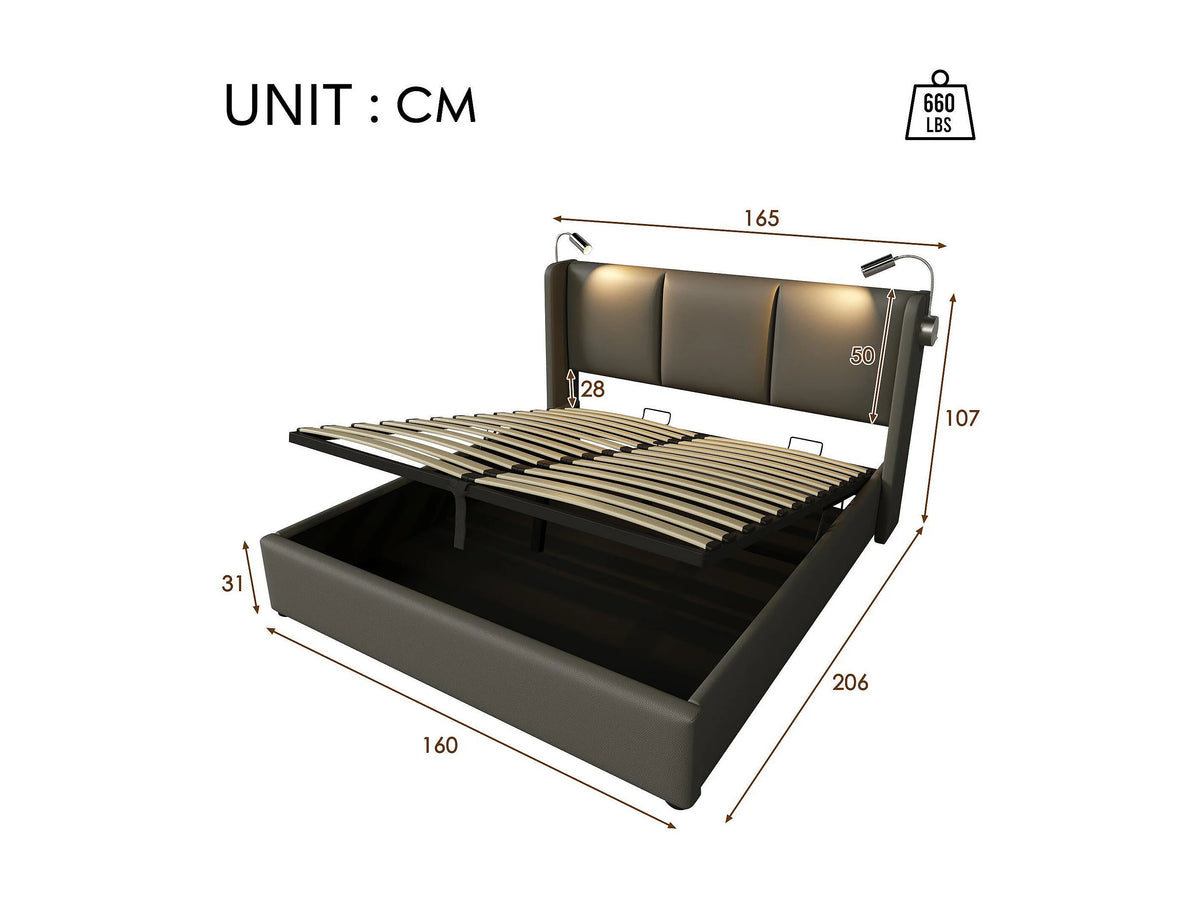 Lit Coffre 160x200 Simili Cuir Gris avec LED et Port USB — vue 7