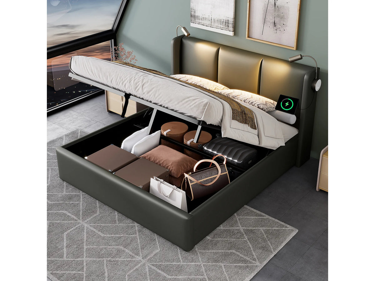 Lit Coffre 160x200 Simili Cuir Gris avec LED et Port USB — vue 3