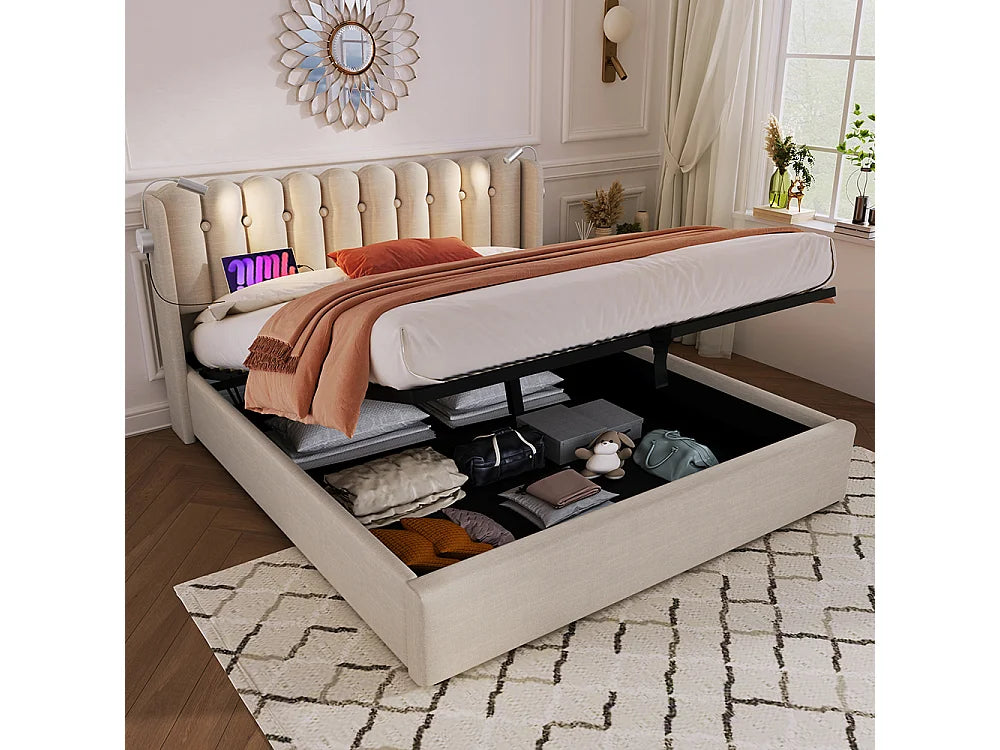 Lit Coffre 160x200 Tissu Lin Beige avec Chevets et Port USB — vue 2