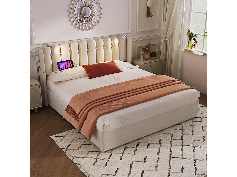 Lit Coffre 160x200 Tissu Lin Beige avec Chevets et Port USB — vue 5
