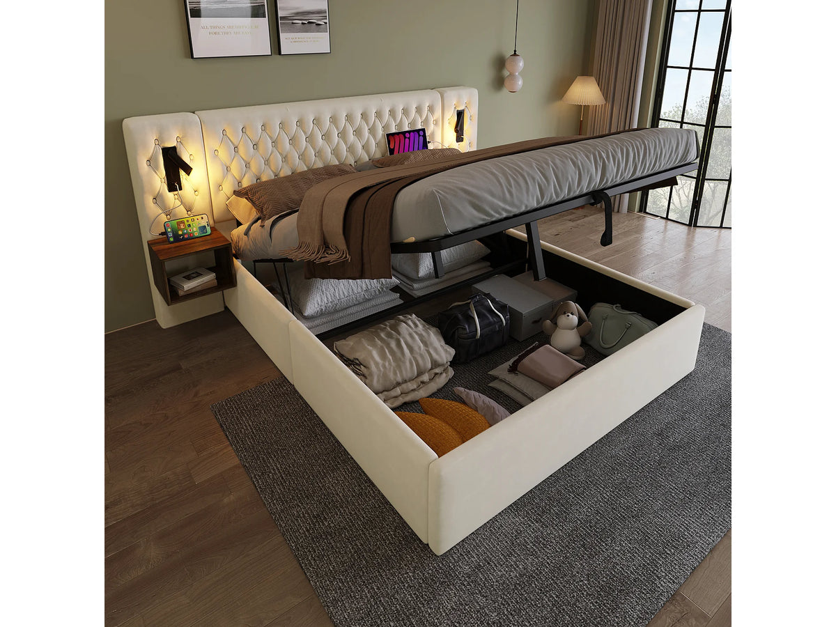 Lit Coffre 180x200 Velours Beige avec Chevets et Port USB