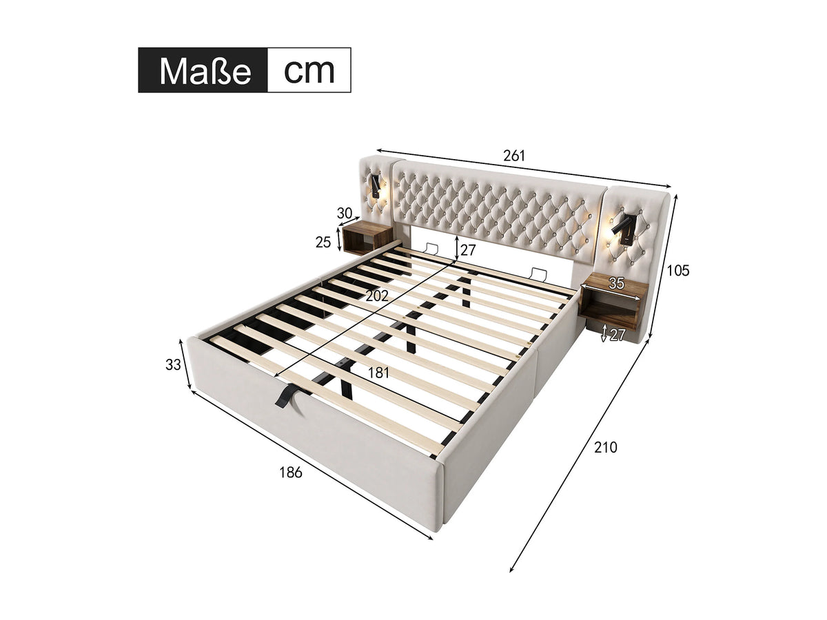 Lit Coffre 180x200 Velours Beige avec Chevets et Port USB — vue 2