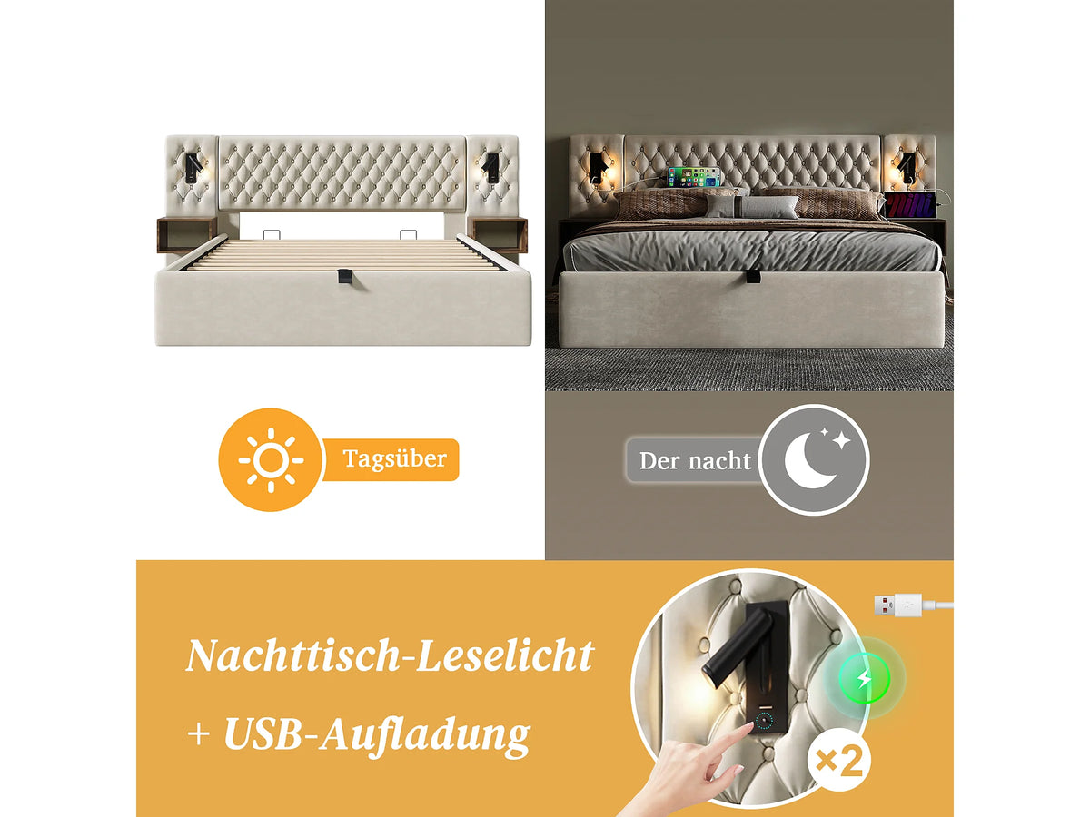 Lit Coffre 180x200 Velours Beige avec Chevets et Port USB — vue 4