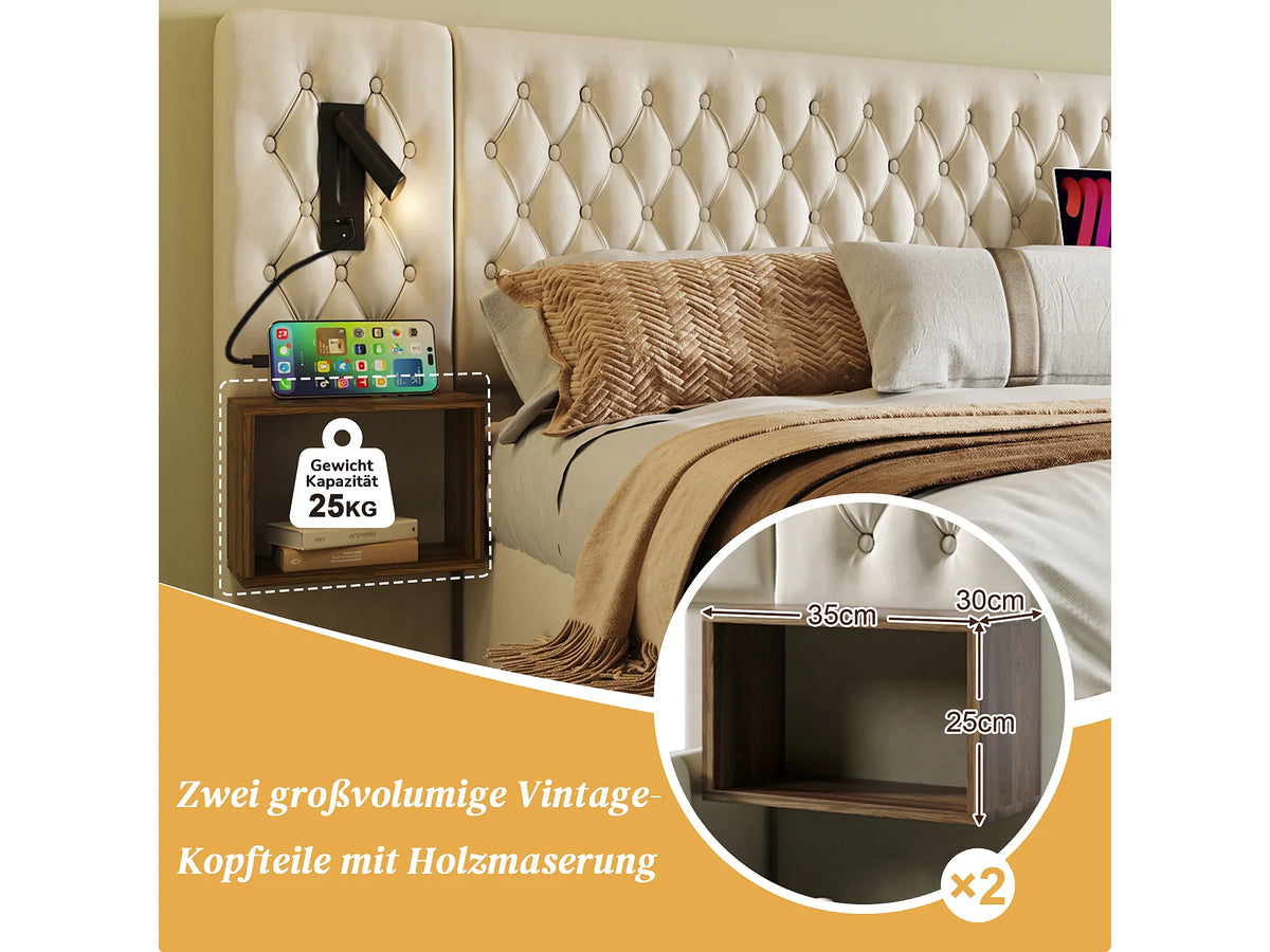 Lit Coffre 180x200 Velours Beige avec Chevets et Port USB — vue 5