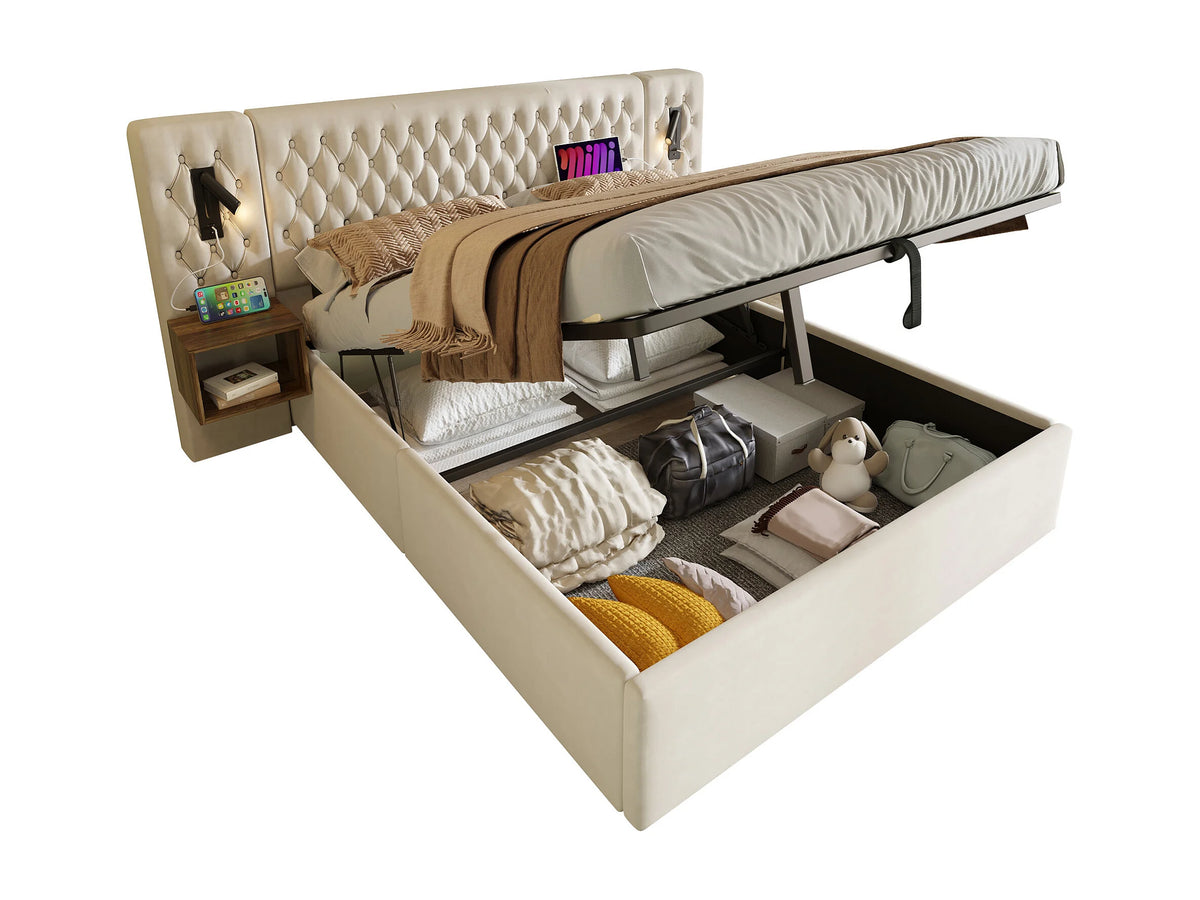 Lit Coffre 180x200 Velours Beige avec Chevets et Port USB — vue 7