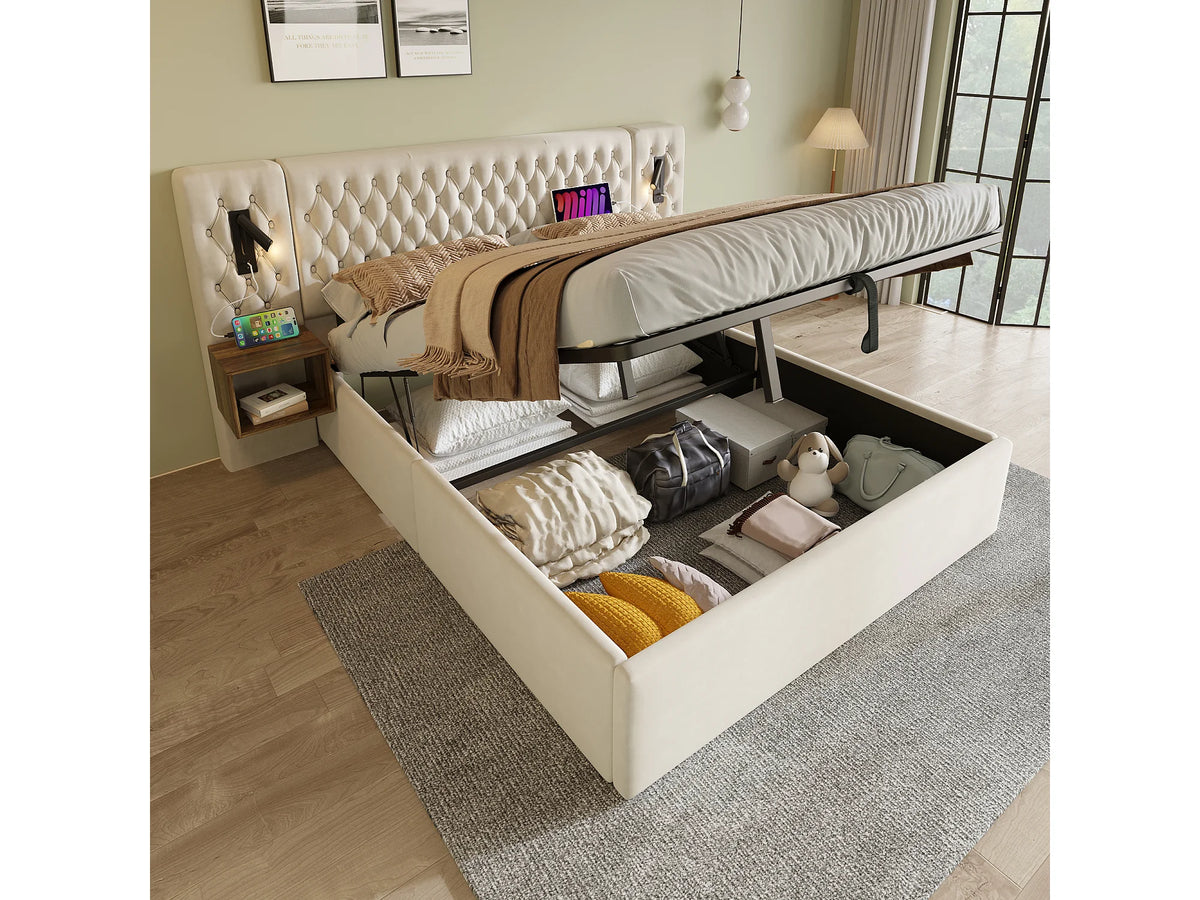 Lit Coffre 180x200 Velours Beige avec Chevets et Port USB — vue 8