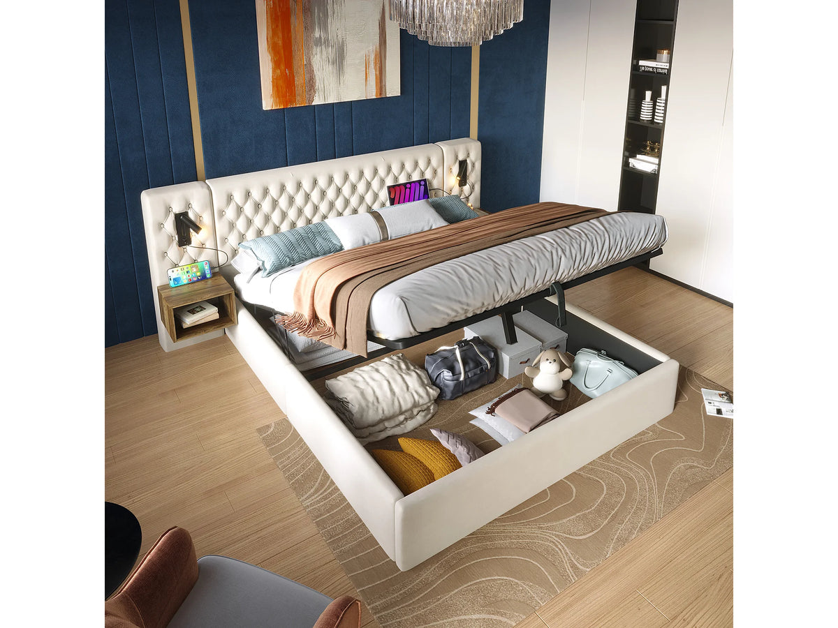Lit Coffre 180x200 Velours Beige avec Chevets et Port USB — vue 9