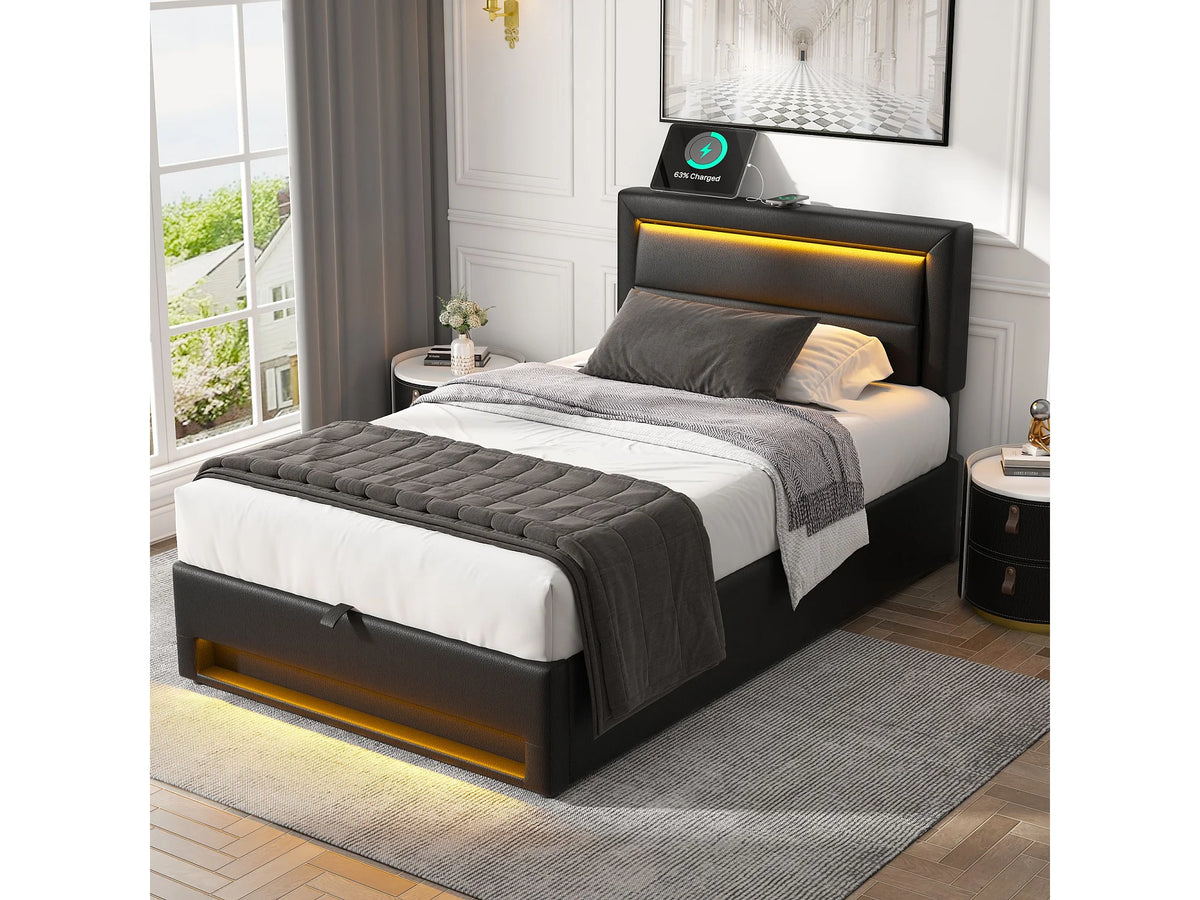 Lit Coffre 90x200 Simili Cuir Noir avec LED et Port USB — vue 2