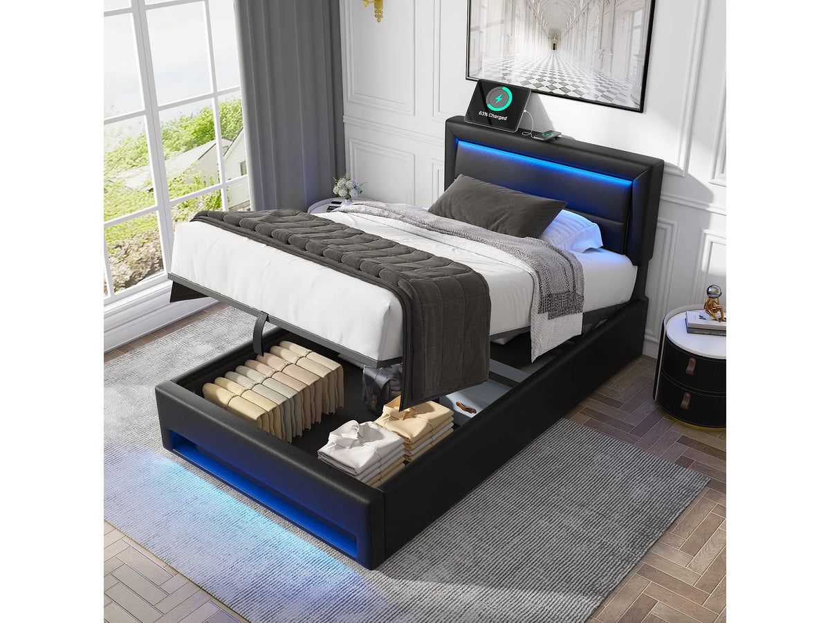 Lit Coffre 90x200 Simili Cuir Noir avec LED et Port USB — vue 3