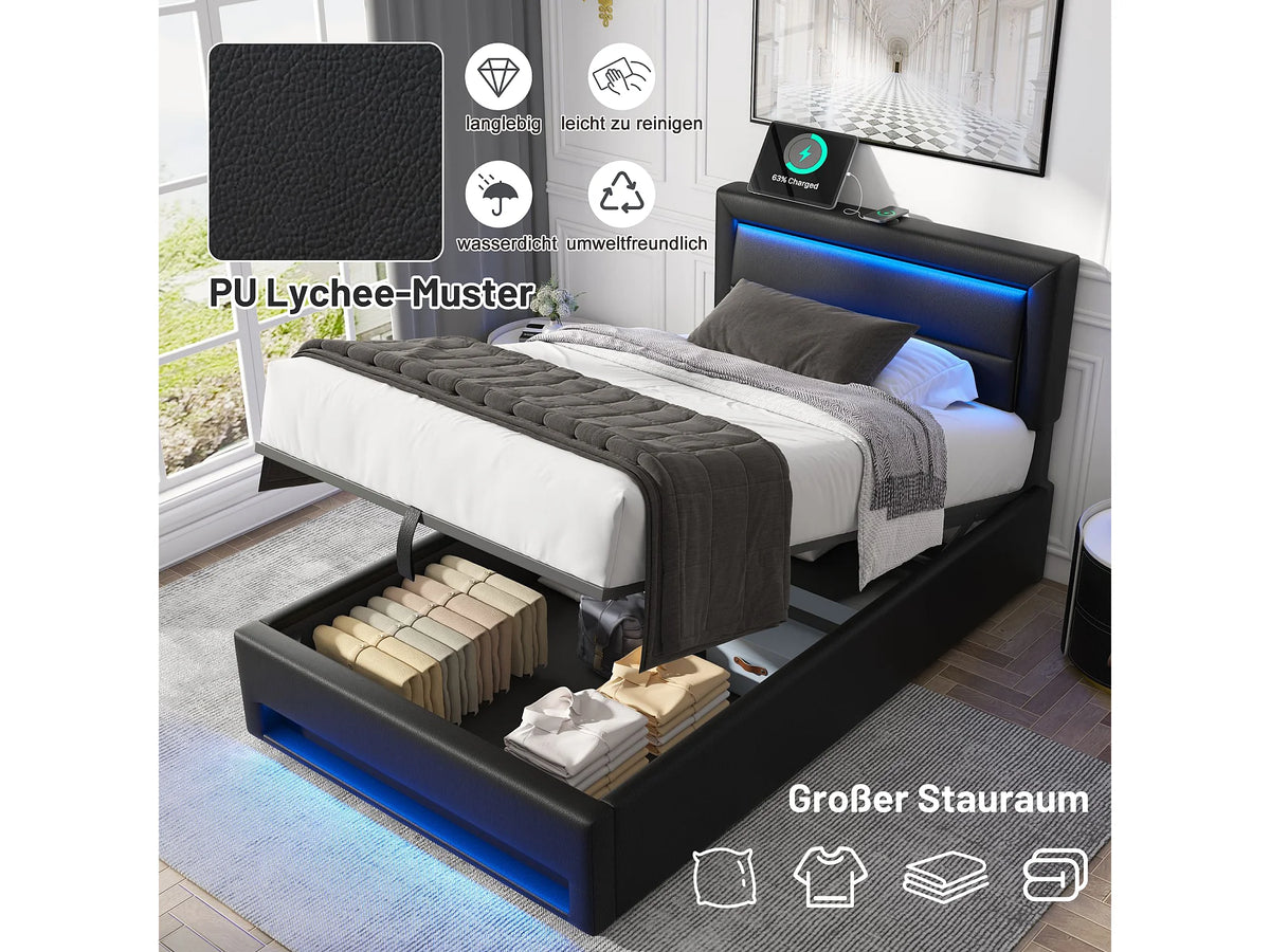 Lit Coffre 90x200 Simili Cuir Noir avec LED et Port USB — vue 9