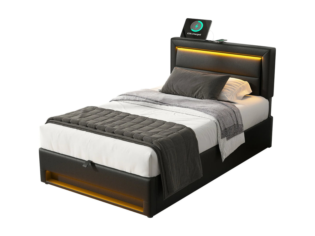 Lit Coffre 90x200 Simili Cuir Noir avec LED et Port USB — vue 10