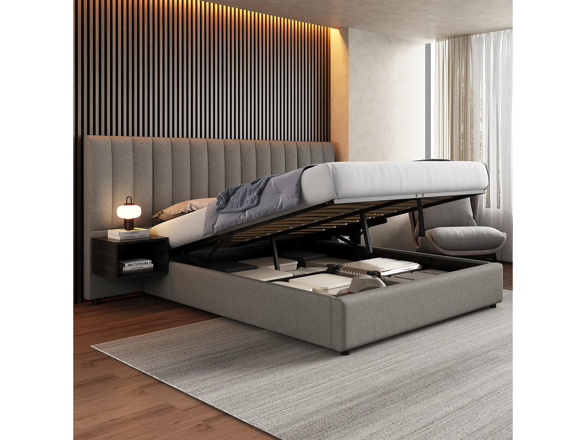 Lit Coffre 160x200 Tissu Lin Gris avec Chevets