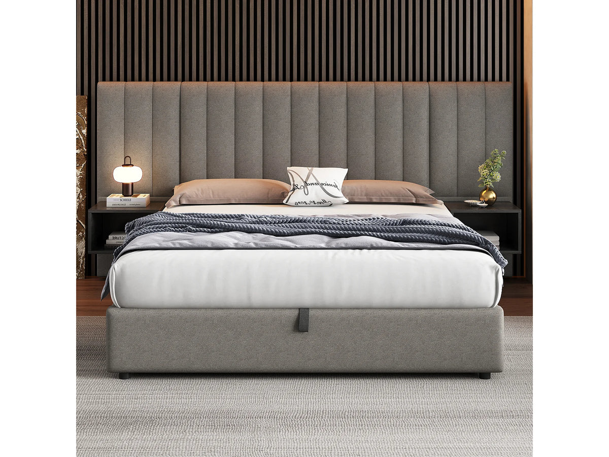 Lit Coffre 160x200 Tissu Lin Gris avec Chevets — vue 2