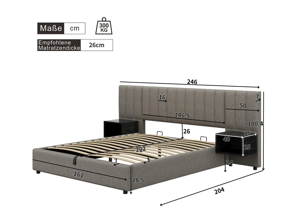 Lit Coffre 160x200 Tissu Lin Gris avec Chevets — vue 10