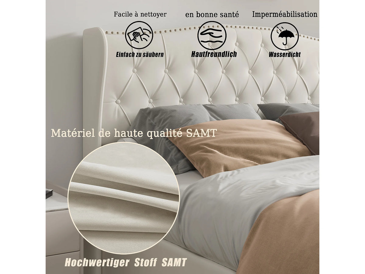 Lit Coffre 140x200 Velours Beige Capitonné — vue 8