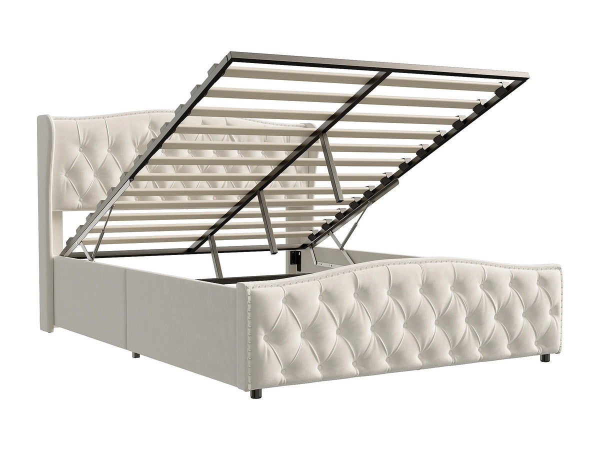 Lit Coffre 140x200 Velours Beige Capitonné — vue 5