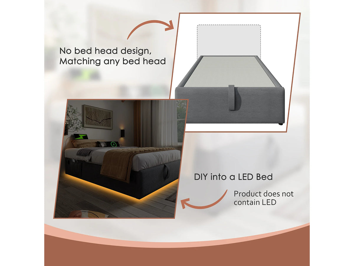 Lit Coffre 90x200 Tissu Lin Gris avec Port USB — vue 5