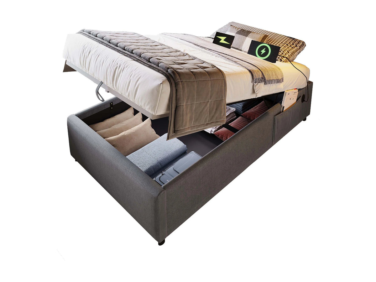 Lit Coffre 90x200 Tissu Lin Gris avec Port USB — vue 10
