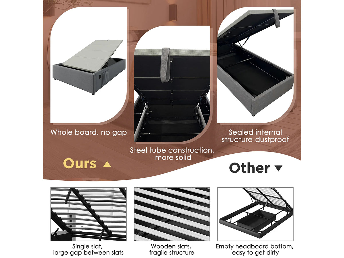 Lit Coffre 90x200 Tissu Lin Gris avec Port USB — vue 7