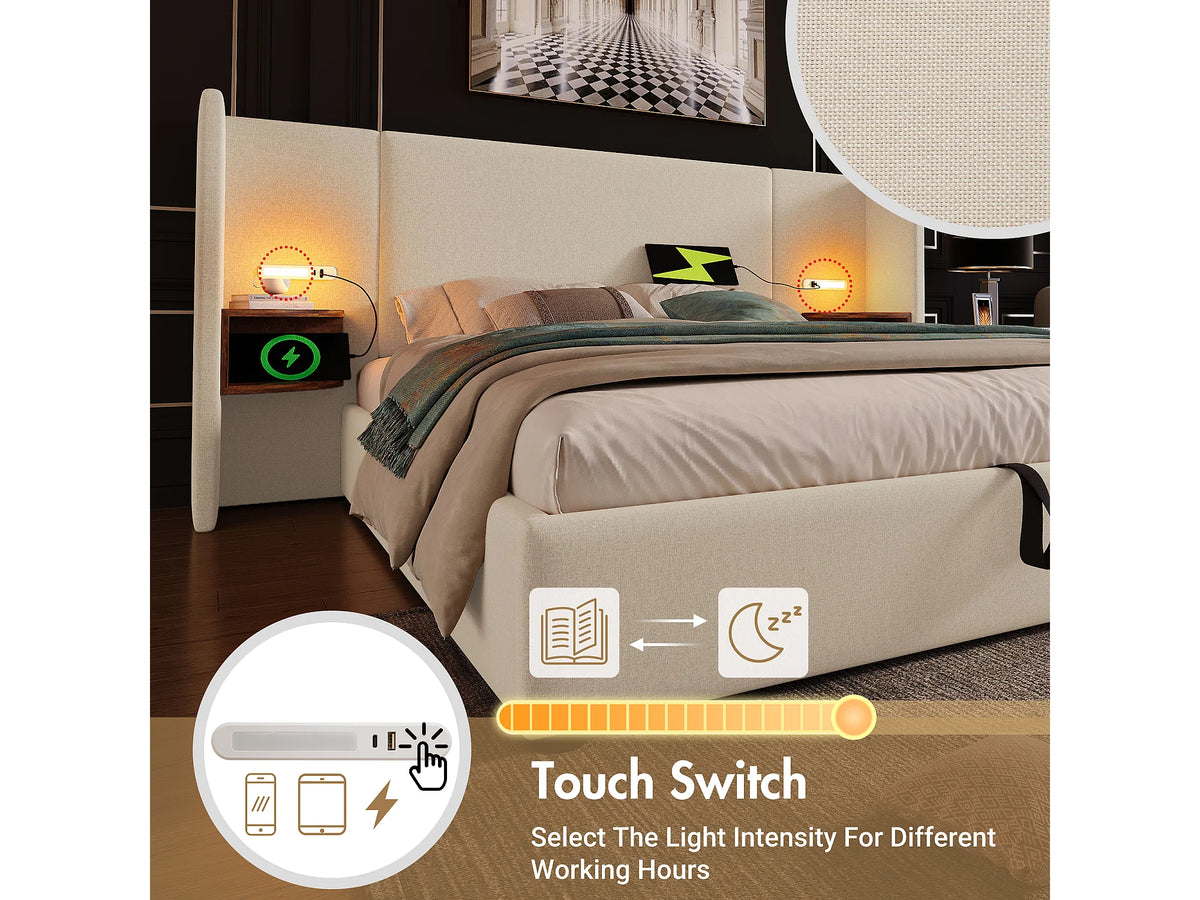 Lit Coffre 160x200 Tissu Lin Beige avec Chevets, LED et Port USB — vue 6