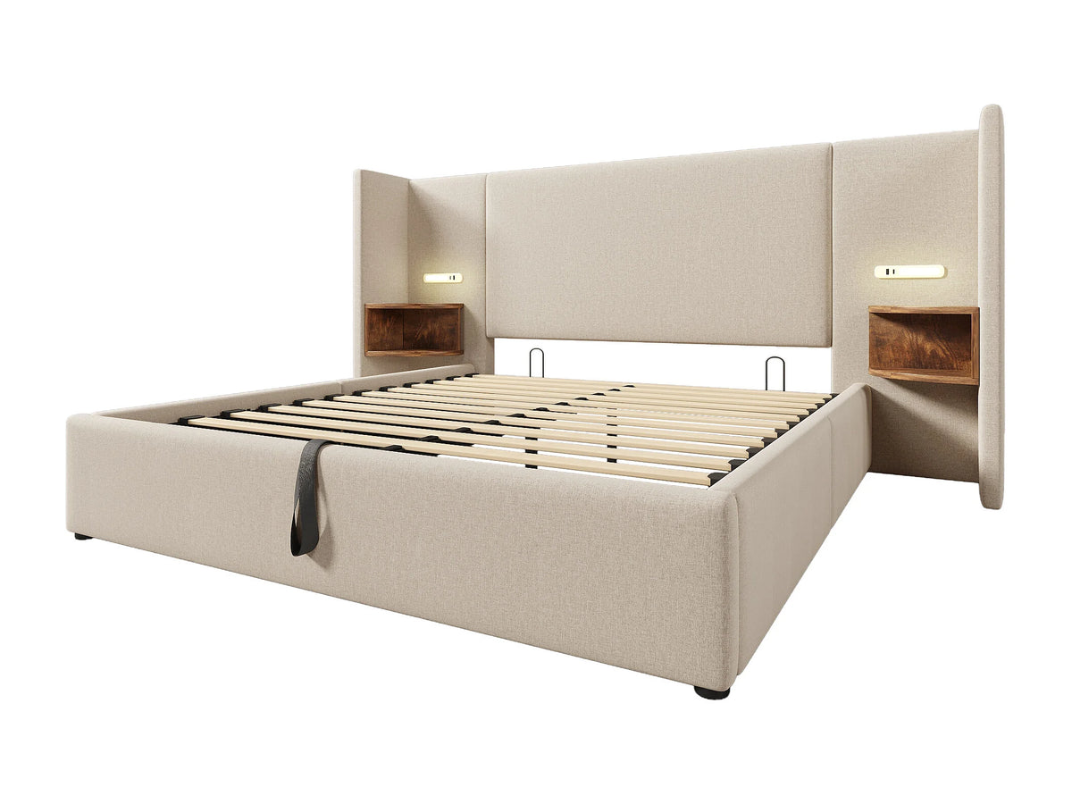 Lit Coffre 160x200 Tissu Lin Beige avec Chevets, LED et Port USB — vue 3