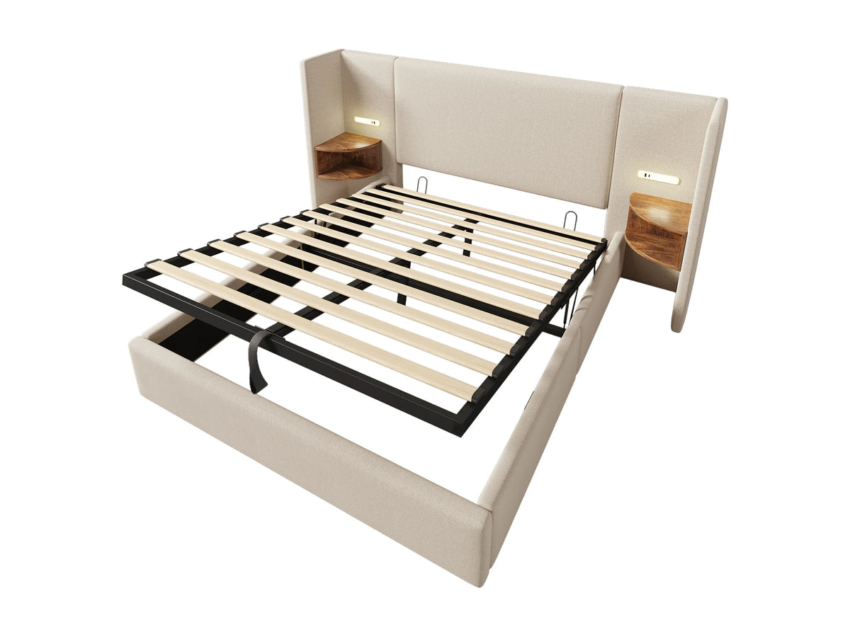 Lit Coffre 160x200 Tissu Lin Beige avec Chevets, LED et Port USB — vue 5