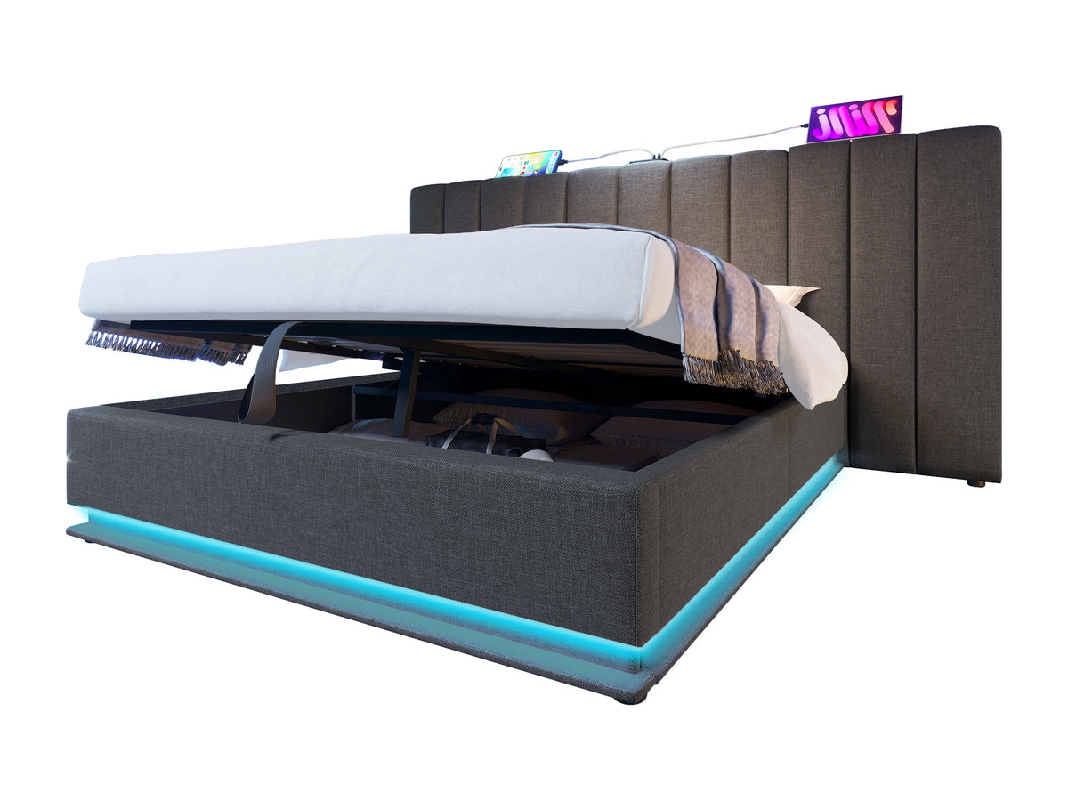 Lit Coffre 180x200 Tissu Lin Gris avec LED et Port USB — vue 10