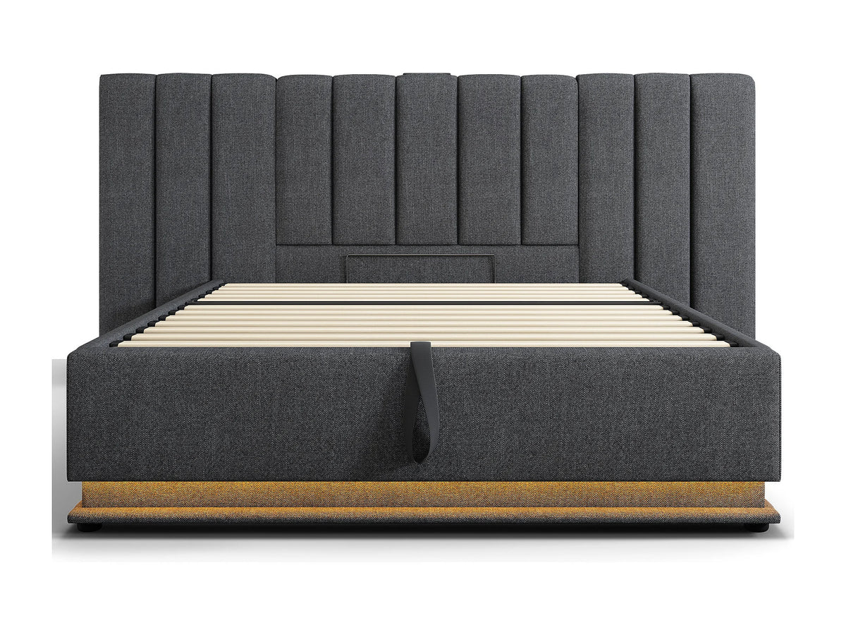Lit Coffre 180x200 Tissu Lin Gris avec LED et Port USB — vue 2