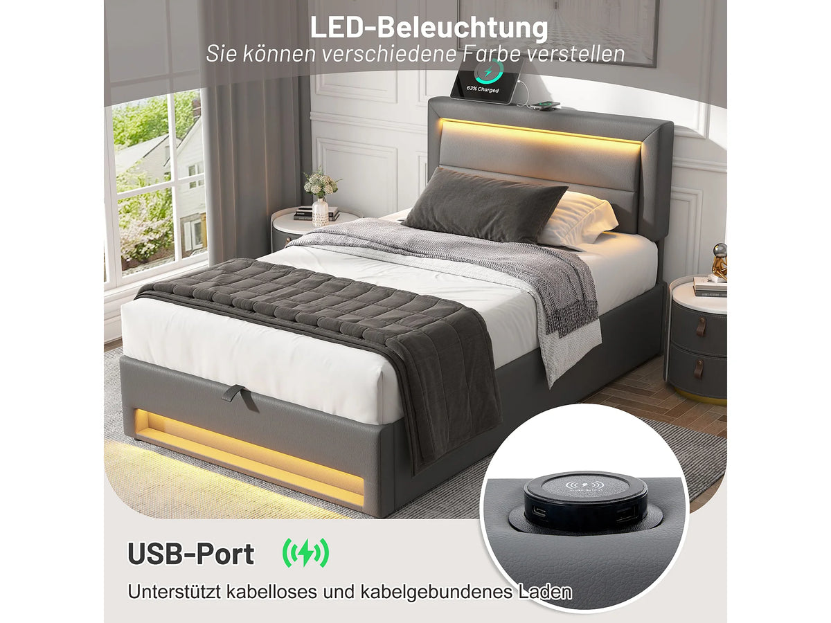Lit Coffre 90x190 Simili Cuir Gris avec LED et Port USB — vue 4