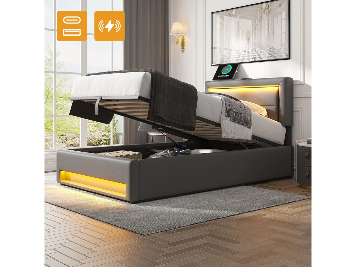 Lit Coffre 90x190 Simili Cuir Gris avec LED et Port USB — vue 9