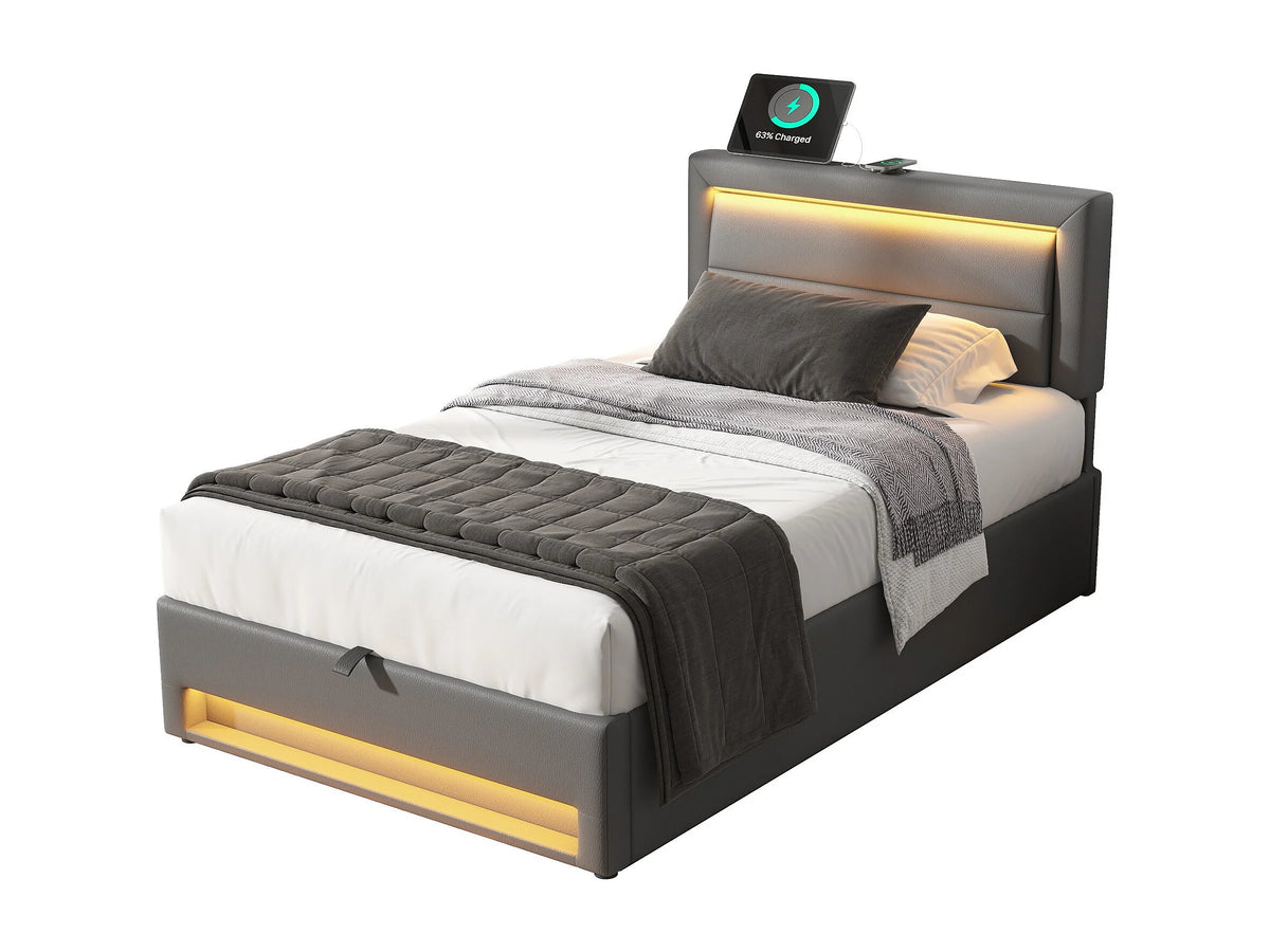Lit Coffre 90x190 Simili Cuir Gris avec LED et Port USB — vue 10