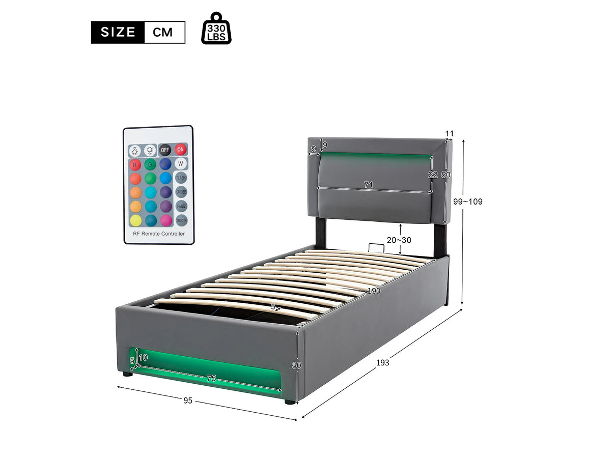 Lit Coffre 90x190 Simili Cuir Gris avec LED et Port USB — vue 5