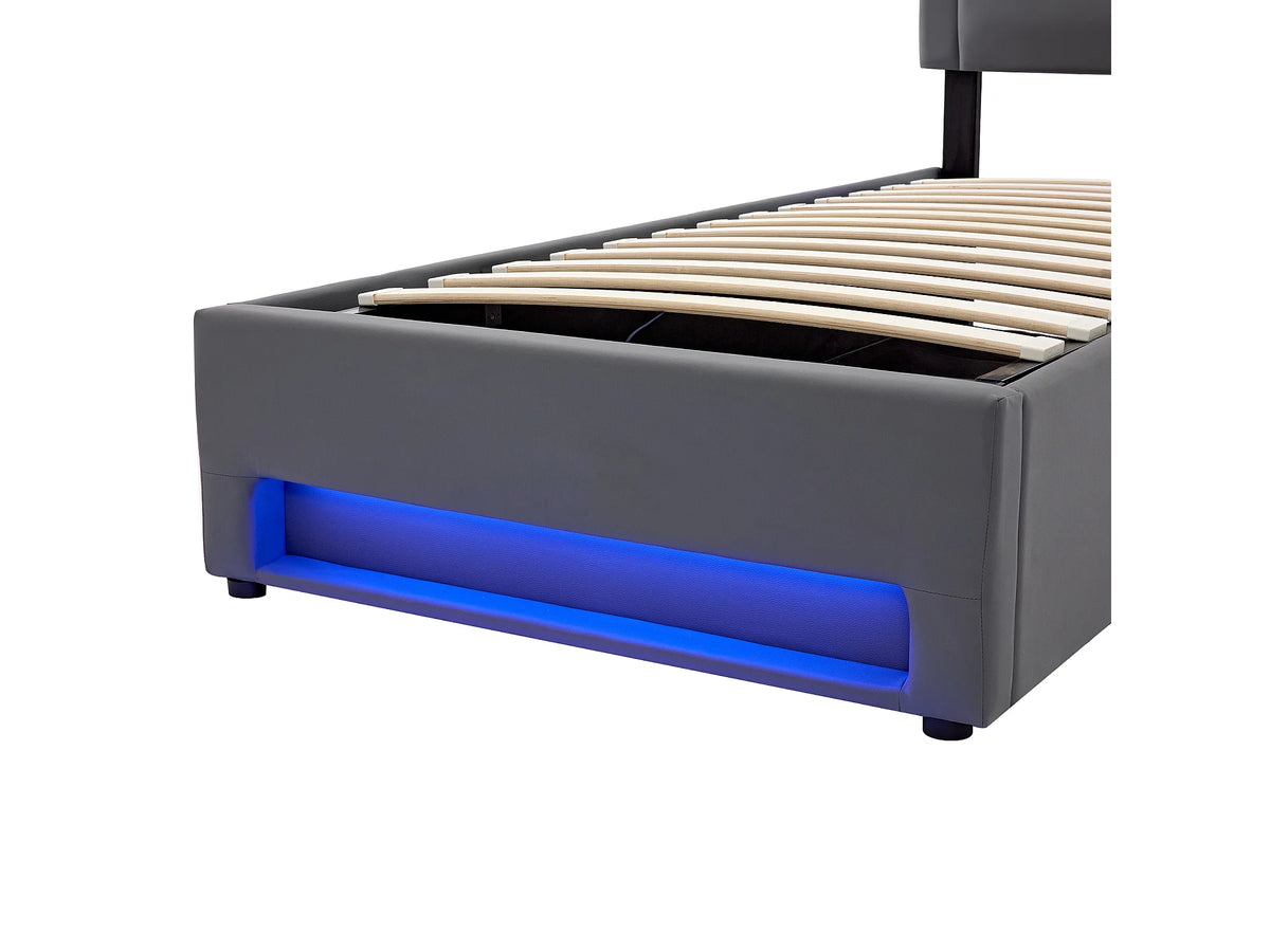 Lit Coffre 90x190 Simili Cuir Gris avec LED et Port USB — vue 7