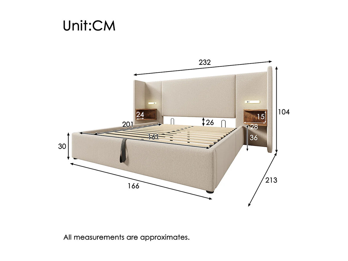 Lit Coffre 160x200 Tissu Lin Beige Capitonné avec Chevets, LED et Port USB — vue 7